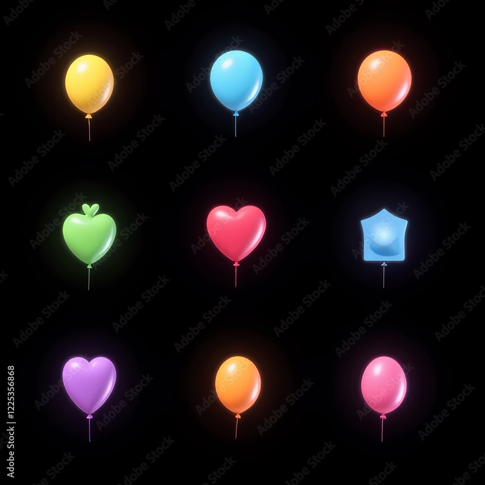Poster a set of colorful balloons with hearts and other shapes. the balloons are lit up and appear to be fl