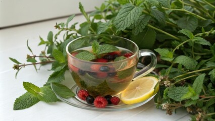 Freshly brewed green tea infused with wild berries, mint, and a squeeze of lemon in a delicate glass cup surrounded by lush greenery, lemon, tea garden