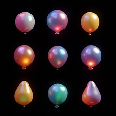 A set of colorful balloons in various shapes and sizes. The balloons are lit up and appear to be floating in the air. Concept of fun and celebration, as the balloons are often associated with parties