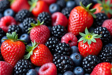 vibrant assortment of fresh strawberries, blackberries, raspberries, and blueberries, showcasing their natural colors and