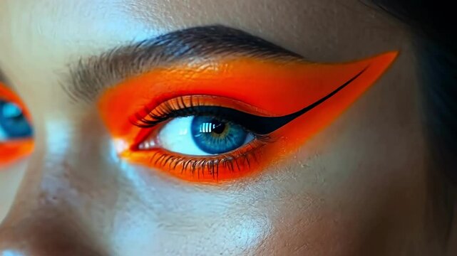Eye-catching makeup tutorial showcasing vibrant orange hues and dramatic eyeliner techniques