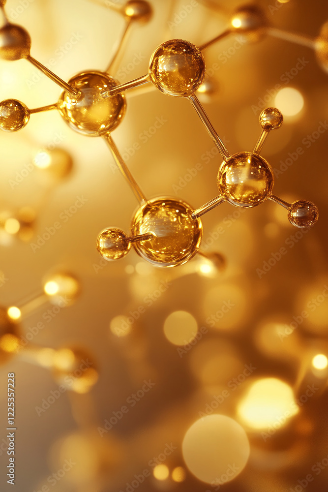 Poster golden molecular structure with shiny reflective spheres connected by thin rods on a blurred golden 