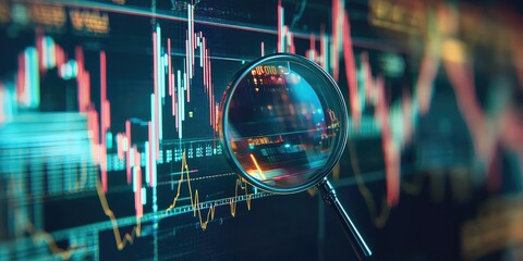 A magnifying glass over a financial chart.