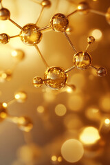 Golden molecular structure with shiny reflective spheres connected by thin rods on a blurred golden background, concept of chemistry, innovation, and modern science visualization.