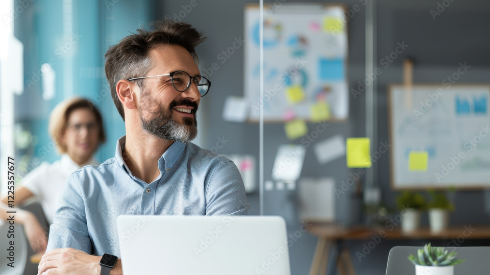 Poster man with glasses and beard smiles while working in modern office setting, with colleague in backgrou
