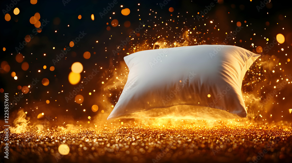 Poster a pillow surrounded by sparkling flames and glowing particles, creating a dramatic and surreal atmos