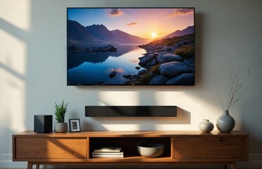 Modern smart tv connected with sound bar. Home entertainment system. Tech, visual, audio entertainment. Stylish interior design. Living room setup. High-quality image, beautiful landscape ... See More