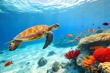 An underwater view of a sea turtle swimming gracefully through colorful coral reefs