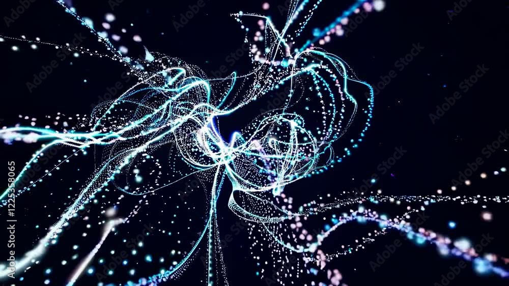 Poster flowing strands of light create mesmerizing patterns in dark space during a digital art display