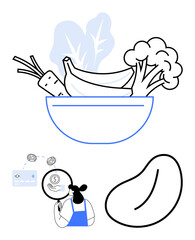 Bowl of vegetables including carrots, bananas, and broccoli symbolizes healthy eating. Individual with magnifying glass examining dollar sign near transaction icons. Ideal for healthy living