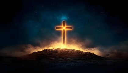 A radiant cross illuminated against a dark sky, symbolizing hope and faith amidst the darkness of the world.