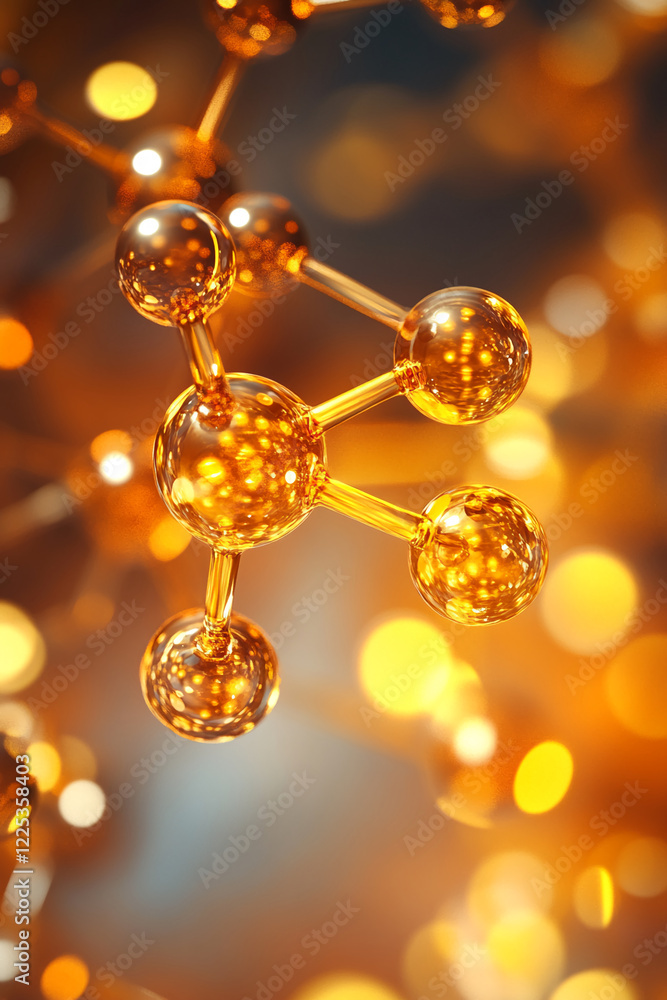 Poster golden molecular structure with bright glowing elements on a vibrant abstract background, concept of