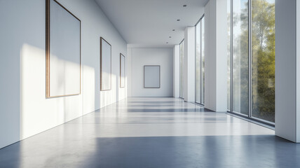 Fototapeta premium serene minimalist art gallery interior with large windows, natural light, and empty frames on white walls creates tranquil atmosphere