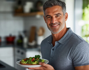 A photograph of a handsome man in his late thirties with short gray hair and a light beard, casually enjoying avocado toast at home while wearing an athletic polo shirt.