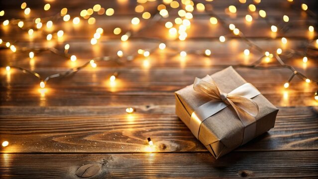 A Festive Gift Wrapped in Rustic Paper with Warm String Lights on a Wooden Surface
