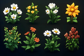 Pixel Art Flower Collection: White, Yellow, Orange, and Red Blooms on Dark Background