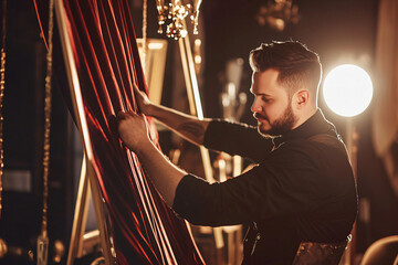 skilled craftsman pulling rich velvet fabric over antique chaise frame