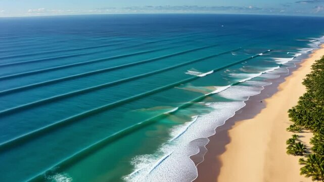 Zoom out to showcase a broad aerial perspective where waves form parallel lines rolling toward the beach, creating a mesmerizing visual effect