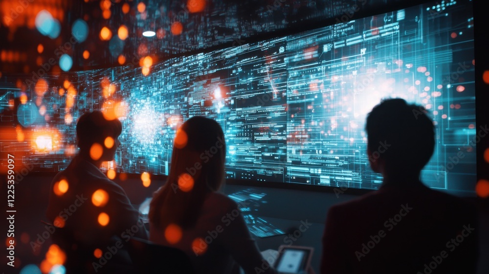 Poster futuristic digital data visualization and interface on glowing neon background
