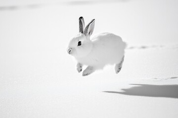 A playful white rabbit leaps joyfully through a pristine snowy landscape, leaving tracks behind