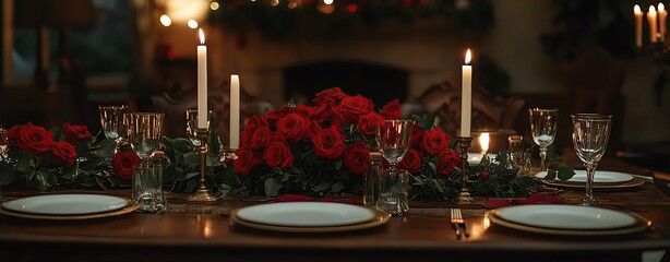 Elegant dinner table set with red roses and candles.