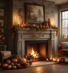 Obraz premium Gathered around the fireplace with Thanksgiving decorations, fireplace, warmth, harvest