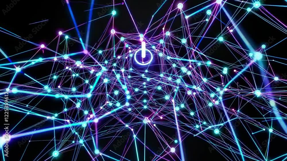 Poster exploring the connections of a digital network with vibrant colors and glowing nodes