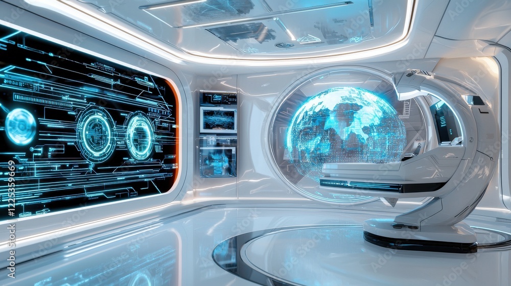 Poster futuristic digital interface with global holographic display and technology controls