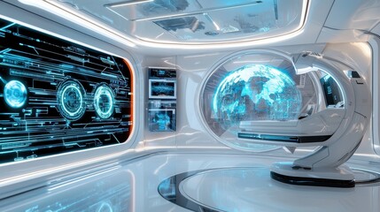 Futuristic Digital Interface with Global Holographic Display and Technology Controls