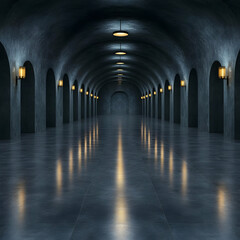 Dark Arched Hallway 3D Render