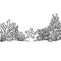 Coloring book page for adult. Underwater seabed with algae and corals, line art design and fish.