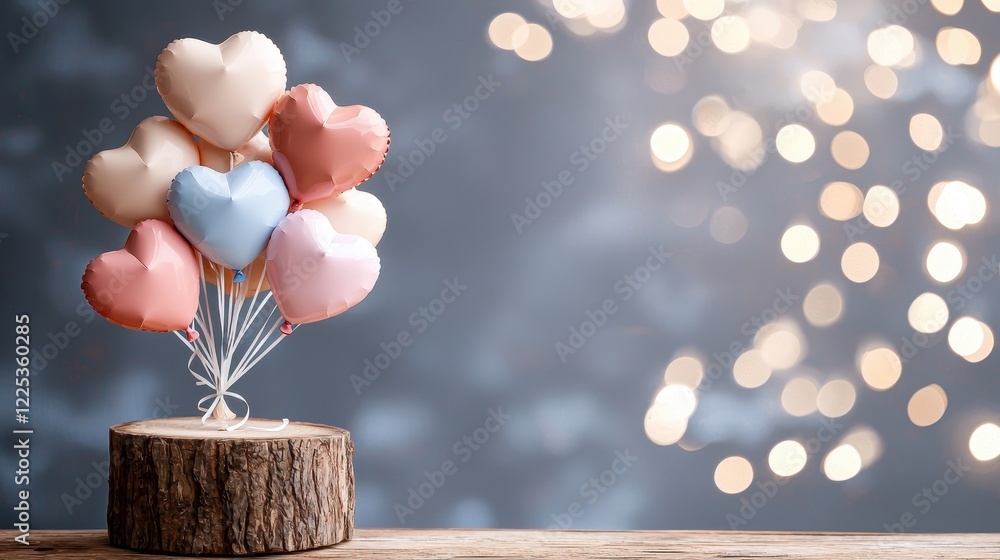 Poster rustic wooden texture with heart-shaped balloons on natural log base and sparkling background