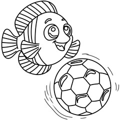 ball. Coloring book page for adult. Underwater seabed with algae and corals, line art design and fish.