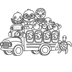 illustration of a car. Coloring book page for adult. Underwater seabed with algae and corals, line art design and fish.