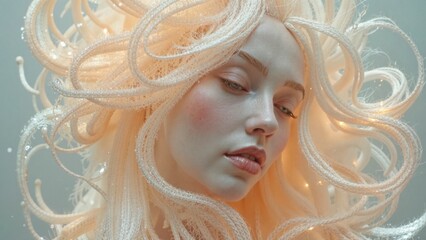 A woman with long blonde hair is wearing a white wig and has a white face. The hair is styled in a way that it looks like it is made of ice