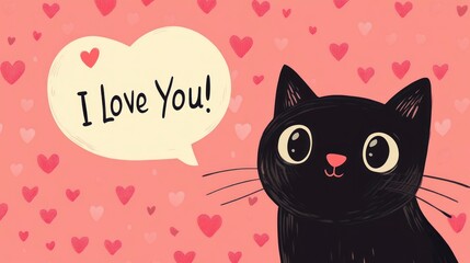 A cute black cat with a pink heart pattern in the background, speech bubble saying I Love You!