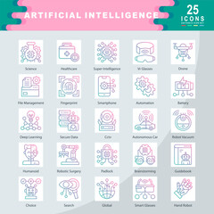 Artificial Intelligence icon set containing Science, Healthcare, Super Intelligence, Vr Glasses, Drone, File Management, Fingerprint, Automation, Robotic Surgery, Hand Robot icon. Simple line vector