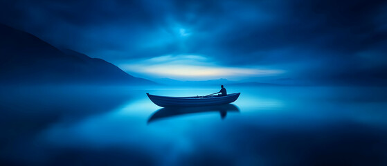 A serene boat floats on a tranquil, misty lake under a blue twilight sky, evoking peace and solitude.
