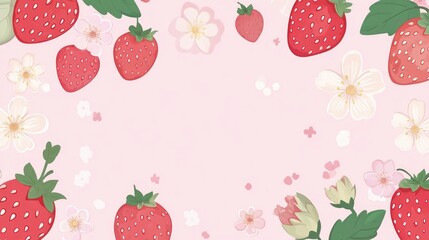 Pink background with a small strawberry and flower pattern border, flat illustration style, cute and dreamy
