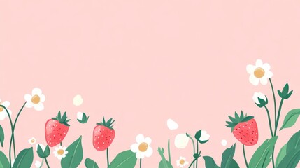 Pink background with a small strawberry and flower pattern border, flat illustration style, cute and dreamy, simple design
