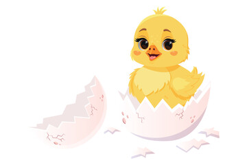 Cute baby chick hatching from the egg. Vector newborn little chick character. Easter chicken with cracked shell egg. Baby chick mascot