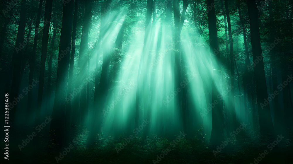 Poster a serene forest scene illuminated by ethereal beams of light filtering through the trees, creating a