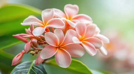 Fototapeta premium Stunning Pink Plumeria Flowers Blooming in Lush Tropical Garden