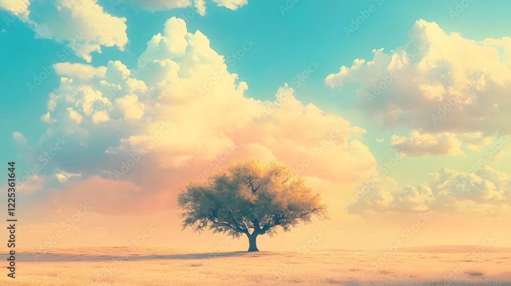 Aufkleber majestic lone tree under colorful clouds at dusk in open field
