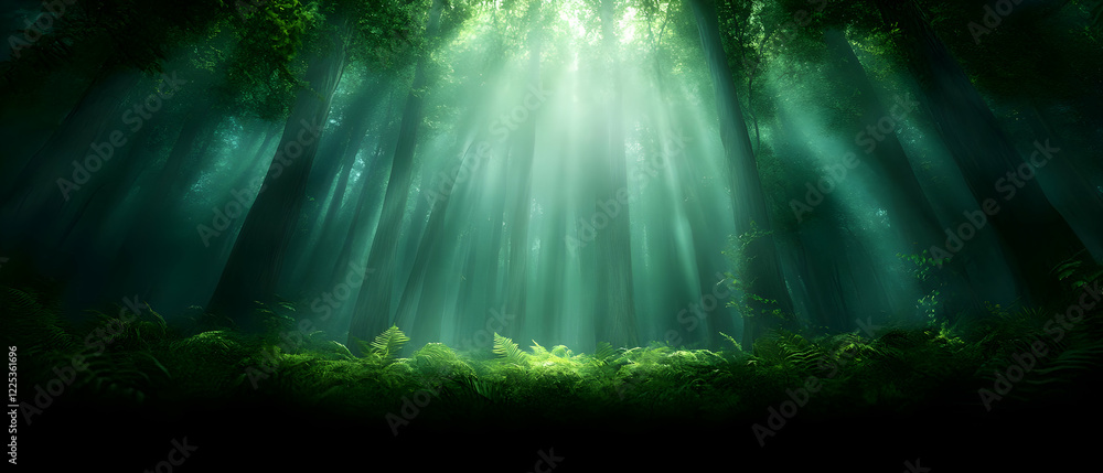 Poster a serene forest with sunlight filtering through lush, green trees, creating a tranquil atmosphere.