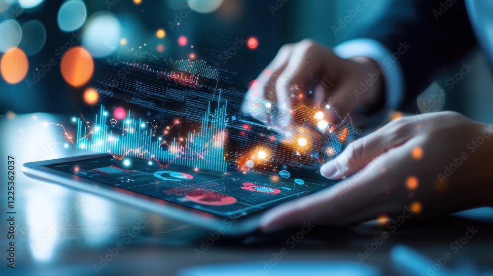 Poster futuristic digital analytics and intelligence visualization on tablet device