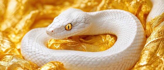 Fototapeta premium A White Snake Rests On Gold Fabric. Its Yellow Eye Stands Out Against The Gleaming Background.