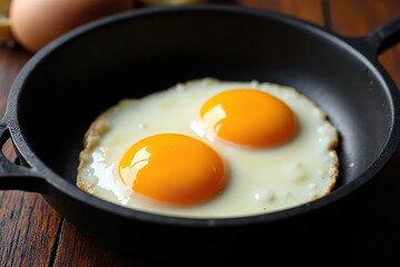 Two sunny side up eggs with vibrant yolks are cooked in black cast iron skillet on wooden surface