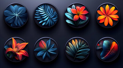 Pixel Art Tropical Flowers and Leaves in Dark Circles