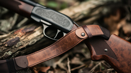 Photo of leather gun slings attached to hunting rifles, showcasing fine craftsmanship.